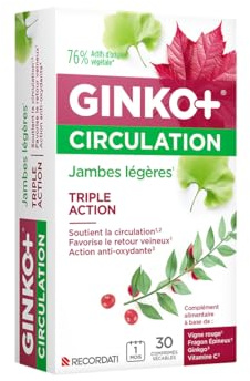 GINKO+ Circulación | Suplemento dietético | Apoya la circulación, promueve el retorno venoso & aporta acción antioxidante | Fórmula a base de activos vegetales | 30 tabletas