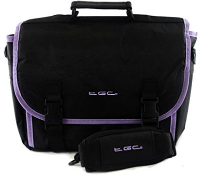 New TGC ® Messenger Style TGC Padded Carry Case Bag for The Philips PD9030/12 Portable DVD Player (Jet Black with Purple Trims)