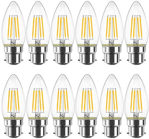 LVWIT B22 LED Filament Candle Bulb, C35 Bayonet Light Bulbs,470Lm, 4W Replace 40Watt,2700K Warm White Candle Bulbs for Chandeliers Fittings Non-Dimmable (12 PCS)