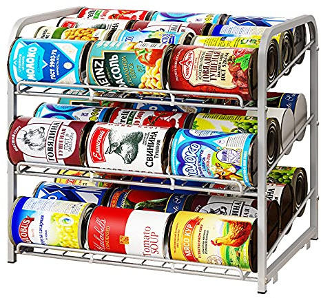 AIYAKA Organizador de Latas Apilable de 3 Niveles - Dispensador de Almacenamiento Para 36 Latas - Para Alimentos, Armarios de Cocina o Despensa - Color Plateado