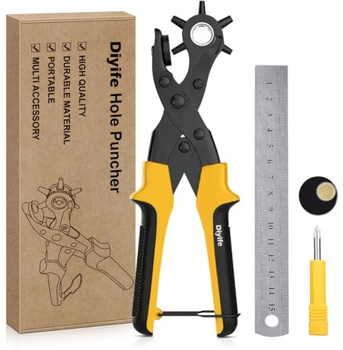 Belt Hole Puncher, [Perfect Full Set] Diyife Leather Punch with Ruler Extra Plate Screwdriver, Heavy Duty Revolving Punch Plier, Multi Sizes for Crafts, Card, Rubber, Paper(Yellow)