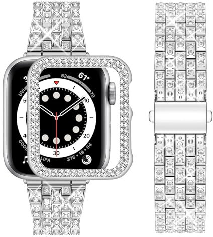 wutwuk Kompatibel mit Apple Watch Armband 40mm Damen Funkeln Glitzer Metallarmband für iWatch SE 3 2 1 Series 6 5 4 40mm mit Diamant Strassstein Harter Schutzrahmen, Silber