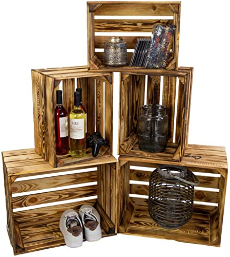 Kistenkolli Altes Land Vintage Kisten geflammt 50x40x29cm / 40x30x25cm Deko & Möbelkisten Wohnwand Obstkisten Weinkisten Optik DIY Upcycling (5er Set Mix)
