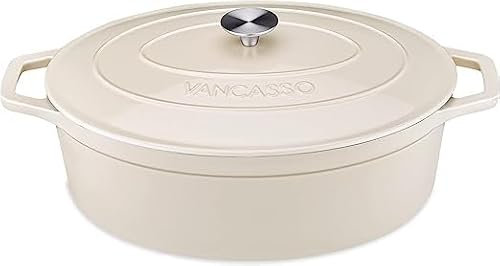vancasso - Pentola in ghisa con coperchio, diametro di 37 cm, rivestimento smaltato, casseruola in ghisa, adatta per tutti i piani cottura e a induzione, ovale, bianco crema, 8 L