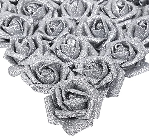 IPOPU Silver Roses Artificial Flowers,25PCS Foam Glitter Roses Glitter Flowers Fake Rose with Stems for DIY Wedding Bridal Bouquet Home Party Christmas Decoration(Silver)