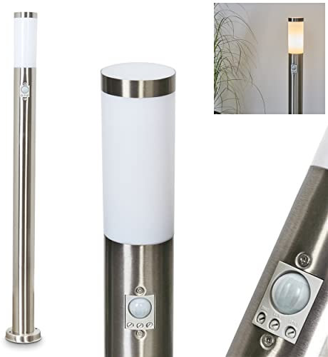 Außenwegeleuchte Sessa mit Bewegungsmelder, moderne Sockelleuchte aus Metall/Kunststoff in Nickel-matt/Weiß, Wegeleuchte 110 cm, Gartenlampe m. E27, Gartenbeleuchtung IP44, ohne Leuchtmittel