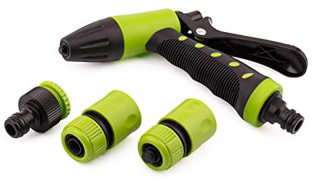Mivos Pistola de riego de jardín para riego y limpieza, juego de ducha de jardín de alta presión con 2 acoplamientos rápidos y conector de grifo, juego de pulverización para riego