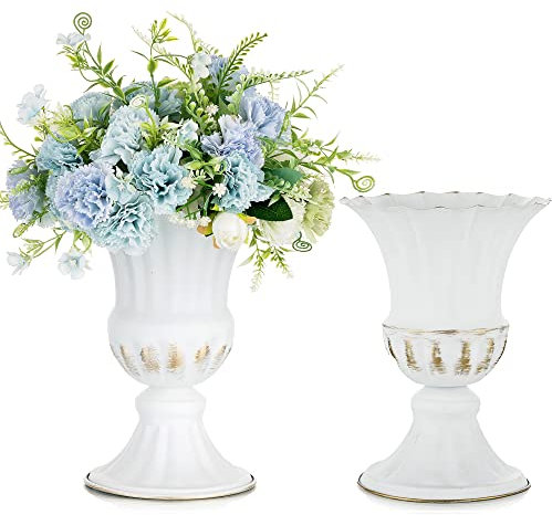 Sziqiqi White Vase for Table Centrepiece: 23 cm Tall Vases for Wedding Decorations - Trumpet Planter for Floral Arrangement Set of 2 - Vintage Metal Flower Urn Pot for Birthday Party