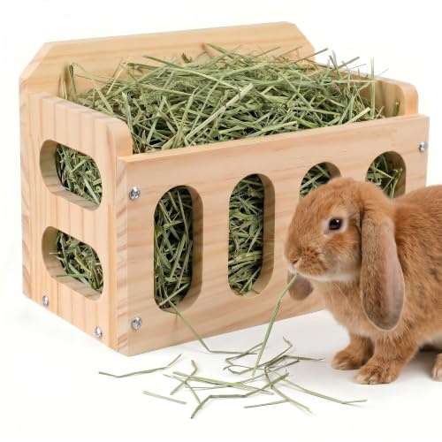 VILLCASE Rabbit Hay Feeder, Wooden Hay Rack Large Volume Less Waste Hanging Feeder for Guinea Pigs, Bunny, Chinchillas & Small Animals