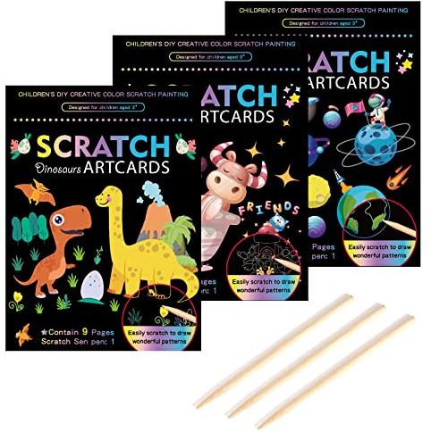 KSIWRE 3 Set Scratch Paper Art for Kids, Magic Rainbow Scratch Art with 3 Scratch Pen, Colorful Painting Book Gifts for Kids Boys Girls (Dinosaurs/Spaceman/Cute Animal)