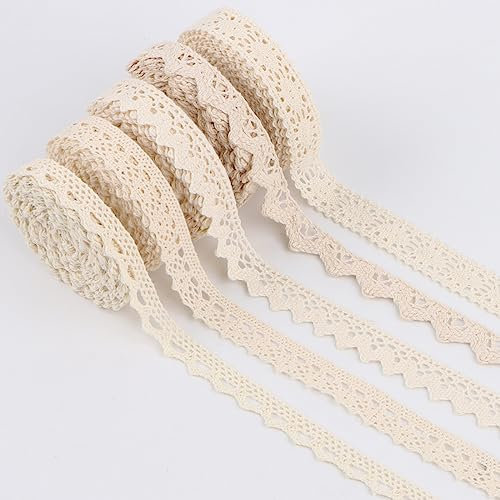 RUNEAY Lot de 5 rouleaux de ruban en dentelle vintage beige de 5 m - Décoration vintage pour bricolage, boîte cadeau, vase, bougies et mariage