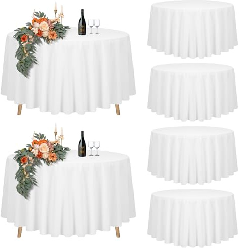 6er-Set Weiße Runde Tischdecke, 228cm Durchmesser, Polyester Wasserdicht Waschbar, Runde Große Tischdecke für Ø90-180cm Tische, Hochzeit Party Buffet Camping Restaurant