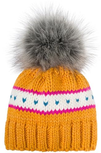 styleBREAKER Kinder Strick Bommelmütze mit Herzmuster und Thermo Fleece Futter, Winter Fellbommel Mütze, 3-5 Jahre 04024209, Farbe:Curry