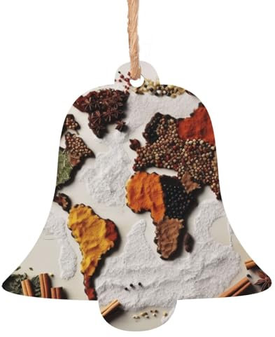 Weltkarte aus Gewürzen Holz Weihnachtsglocke Form Ornamente Holz Weihnachtsbaum Hängende Dekoration Weihnachtsbaum Ornamente mit Seilen für Weihnachten Urlaub Dekorationen