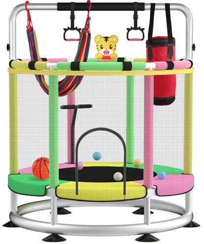 Studsmatta för barn, uppdaterad T-räcke justerbar baby småbarn trampolin med basketring, 200 kg anti-rullning rund botten inomhus utomhus småbarn trampolin med inhägnad (ljusgrön rosa)