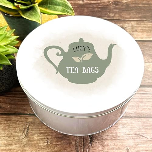 Round Rustic Sage Green Teapot Shabby Chic Personalised Tea Bag Tin Personalised Gift | Custom Gift | Personalized Tin | Personalised Tins | Gift For Her | Gift For Him
