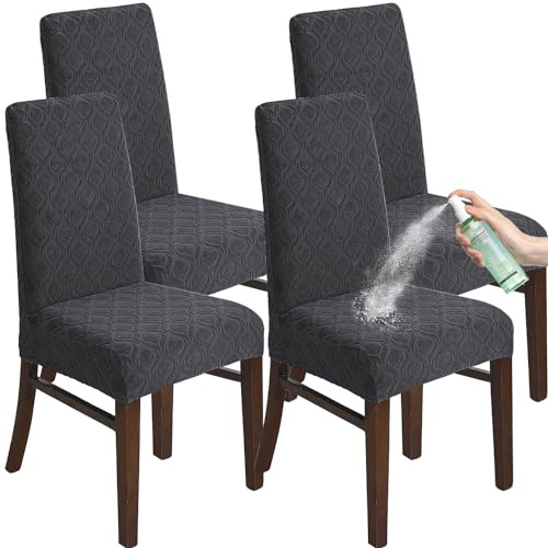 KELUINA Juego de 4 Fundas Elásticas para Sillas de Comedor, Extraíbles, Lavables e Impermeables | Funda de silla impermeable y elástica, jacquard hojas, antideslizante, lavable a máquina.