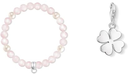 THOMAS SABO Damen Charm-Armband Rosenquarz Süßwasserzuchtperle 925 Sterling Silber X0222-469-9 & Damen Charm-Anhänger Kleeblatt Charm Club 925 Sterling Silber 0884-001-12