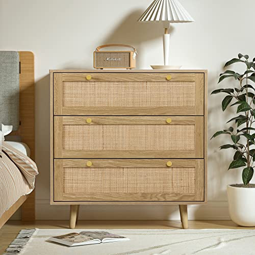 Anmytek Schubladenschrank, Kommode mit 3 Schubladen, Rattan Sideboard mit Holzbeinen, Schlafzimmer Kommode, Flurschrank für das Schlafzimmer, Wohnzimmer, Flur
