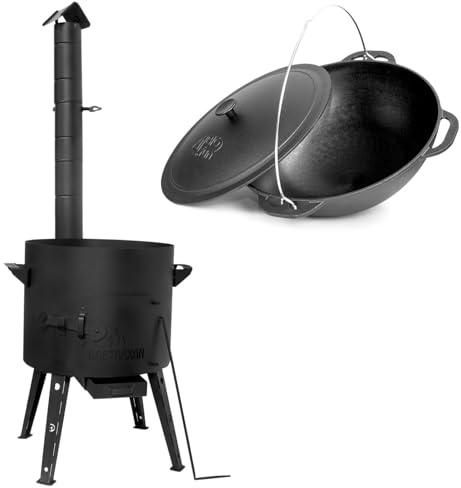 Utschak Feuerofen Set mit 15L Kazan eingebrannt чугунный Казан Gusseisendeckel Ø40 Uchag Ofen Учаг Outdoor mit Abzugsrohr Utschag 2mm stahl Kessel Kazan-Set mit Deckel Kasan Feuerstelle Feldküche