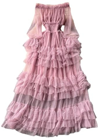 Inzegao Maxi abito da donna in rete con volant in vita elasticizzata senza spalle velate a maniche lunghe in tulle per feste di nozze, Viola chiaro, Taglia Unica