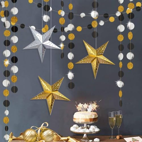 Syoulin Girlande schwarz Gold,Party deko schwarzes Goldpapier Girlande,Hängende Party Dekorationen,Papierstern deko,Geeignet Graduation Geburtstag Weihnachten Silvester Partydekorationen-7er