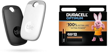 Tile Pro (2022) Bluetooth Item Finder, 2 Pack, 120m finding range, works with Alexa and Google Smart & Duracell Optimum AAA Batteries (12 pack) - Alkaline Batteries 1.5V - Up To 100% Extra Life