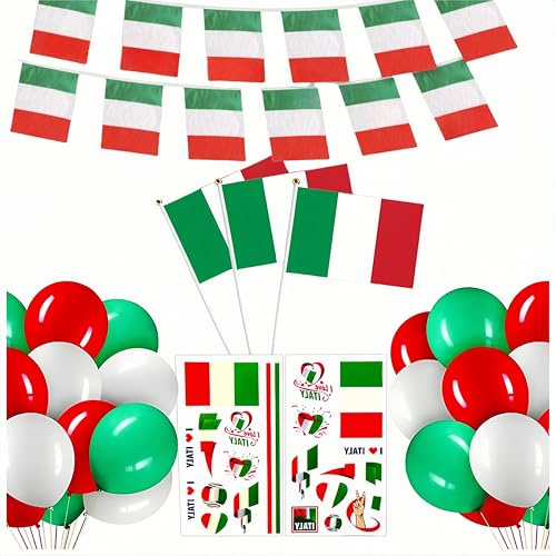 Italian Flag Set-10m Italian Rope Flag 30pcs 10 Italy Hand Flags 30 Balloons (10 Each of Red, White and Green) 2 Italian Stickers For Italian Celebration Theme Party Decorations | Football Sports Event Fan Parade Patriotic Holiday Festival Patriotic Party Street Gift Celebration Indoor Outdoor