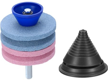 uxcell Affûteur de lame de tondeuse à gazon, 1 pièce en corindon quatre couches avec équilibreur de lame noir pour perceuse électrique, outil de jardin, bleu/rose