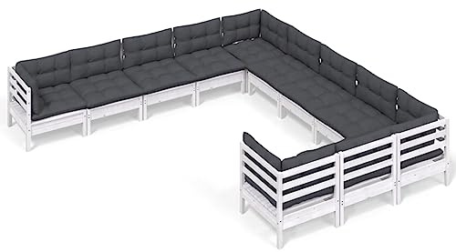 WEMYUFURN 11-TLG. Garten-Lounge-Set mit Kissen Weiß Kiefernholz, Outdoor-Sitzgruppe, Terrassen-Lounge-Set, Garten-Couchgarnitur - Wetterbeständig, Komfortabel - für Terrasse, Garten und Balkon