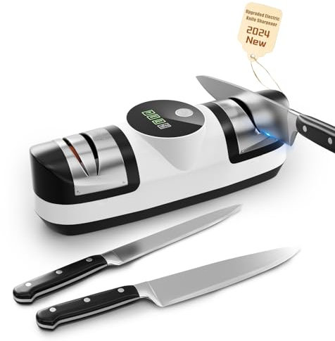 Electric Knife Sharpener, 5 in 1 Knife Sharpening System with 3 Speed Setting, Rechargeable Professional Diamond Knife Sharpener with LED Display for Rough & Fine Sharpening (CFT1)