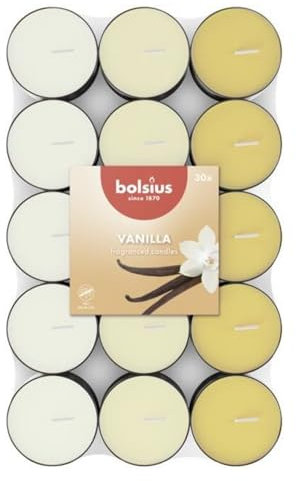 Bolsius - 30 Duft theelichter - Vanille - Brenndauer von 3,5 Stunden - Durchmesser 38 mm – Natürliche Extrakte – Enthält Veganes Wachs – Ohne Palmöl