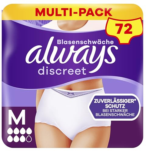Always Discreet Inkontinenz-Höschen Plus Monatspaket bei Blasenschwäche, Größe M, 72 Höschen (Sparpackung 8 Packungen x 9 Stück)