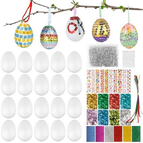 Aitsite Ostereier Dekorationen Ostereier Styropor Bastelset 20 Stück DIY Pailletten-Eier, Handgemachte Ostereier Bastelartikel mit Stecknadeln Selbstkle Stickers
