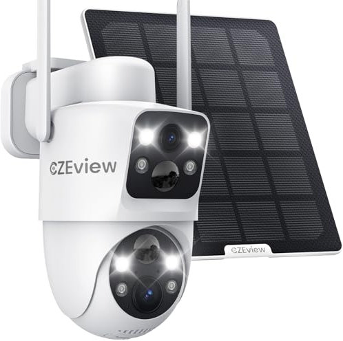 CZEview 4MP Überwachungskamera Aussen Akku, 360° PTZ Überwachungskamera Außen Solar mit Dual-Objektiv, 2.4GHz WLAN Kabellose Kamera mit PIR Bewegungsmelder, Farb-Nachtsicht, 2-Wege-Audio, IP65