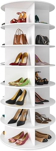 WUDLEP Drehbares Schuhregal mit 7 Ebenen, Drehbares Schuhregal, Drehbares 360-Grad-Schuhregal, Aufbewahrung, rundes Karussell, Vertikale Handtasche, Drehbar, Schuhschrank-Organisation White