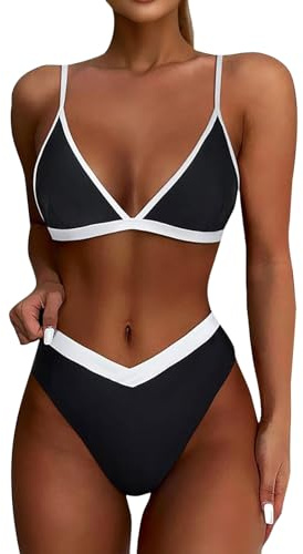 FUPODD Damen Bikini Set Bauch Weg Badeanzug Damen Bauchweg Push Up Badeanzüge Zweiteilig V Ausschnitt Bademode Curvy Triangel Bikinis Frauen Hoher Beinausschnitt Zweifarbig Swimsuits High Waist