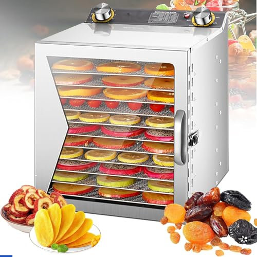Deshidratador de Alimentos de Acero Inoxidable, 800W, para el Hogar, Temporizador Ajustable de 0-12 h, Control de Temperatura de 35-90 °C, Aire Caliente Circulante de 360°, para Frutas, Verduras