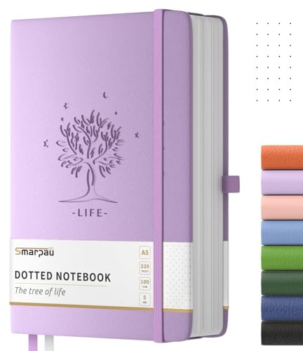 Smarpau A5 Notebook Bullet Dotted Journal, 320 Pages Hardcover Leather Notebook with 100GSM Thick Paper, Journal for Women Men Writing - 14.5 x 21cm, Purple