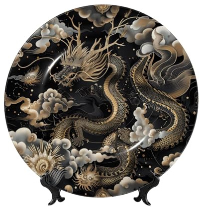 HJTRW Assiette décorative en porcelaine anglaise avec support de présentation - Dragon chinois noir - Assiettes rondes à suspendre au mur - 15,2 cm