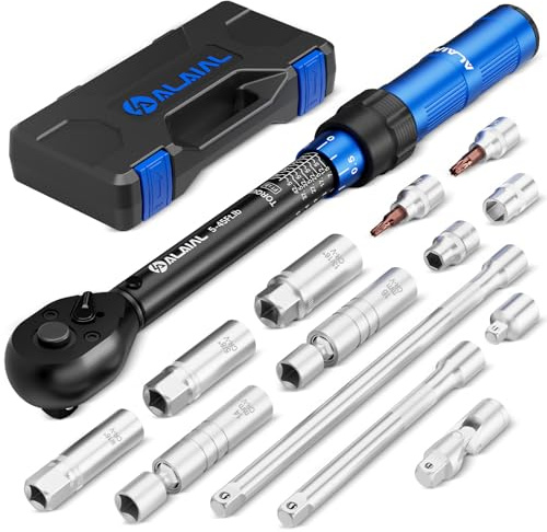 ALAIAL 3/8 Inch Drive Magnetic Spark Plug Socket Set with Click Torque Wrench 5-45FT.LB/6.8-61Nm, 14PCS Swivel Spark Plug Socket, Universal Joint, Extension Bar, CR-V Steel for Easy Spark Plug Removal