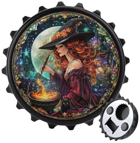 Abridor de botellas redondo con diseño de bruja con sombrero de mago, imanes de nevera, bebidas, cerveza, abrebotellas magnético para nevera, cocina, oficina