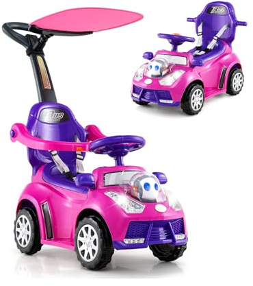 SOARS 3 in 1 Rutschauto für Kinder, Rutschfahrzeug mit abnehmbare Schiebestange & Stauraum, Lenkrad, Hupe, Musik, Belastung 25 kg, Schiebauto für Kinder ab 1 Jahr (rosa)