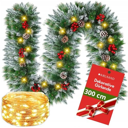 KRUMAD Weihnachtsgirlande 3 m mit Beleuchtung – Künstliche Tannengirlande mit Schnee, Zapfen & Beeren – 280 Zweige & 100 LED – Weihnachtsdeko Innen Außen – Tannengirlande Weihnachten