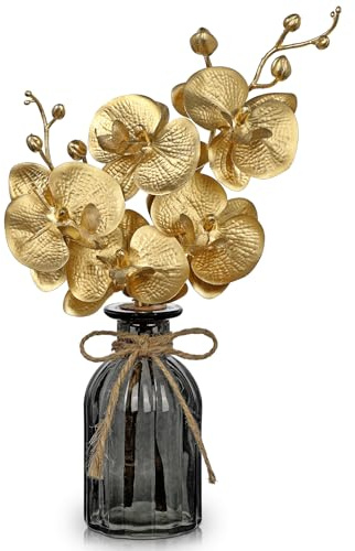 Hollyone Artificial Gold Orchid Flower, 11.8 Fake Orchid Plant with Glass Vase, Decorative Faux Phalaenopsis for Living Room Bedroom Kitchen Office Table Centerpiece Shelf Decor