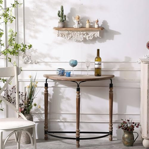 Labasuan Consolle vintage a mezzaluna, elegante tavolo da ingresso da 80 cm, tavolino da divano anticato con struttura in metallo, ripiano portaoggetti per ingresso, corridoio, soggiorno(Natural)