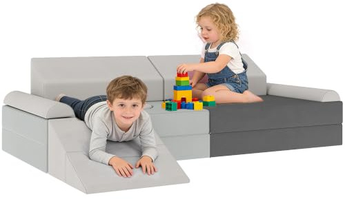 AIYAPLAY Soft Play Set Modular Kids Sofa Bed for Children 12 Pieces Grey | Playroom, Bedroom, Living Room, Children Convertible Sofa, for Boys and Girls