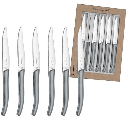 Lou Laguiole 2271GYMB02K35 Sky Coffret 6 couteaux steak, Acier inoxydable/Manche couleur effet cuir Gris, 27,5 x 20 x 3 cm
