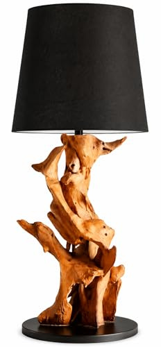 Möbel Bressmer IKAL Treibholzlampe 82 cm – handgefertigte Tischlampe aus massivem Teak-Wurzelholz mit Leinen-Lampenschirm | Rustikale Tischleuchte in verschiedenen Farben (Schwarz)