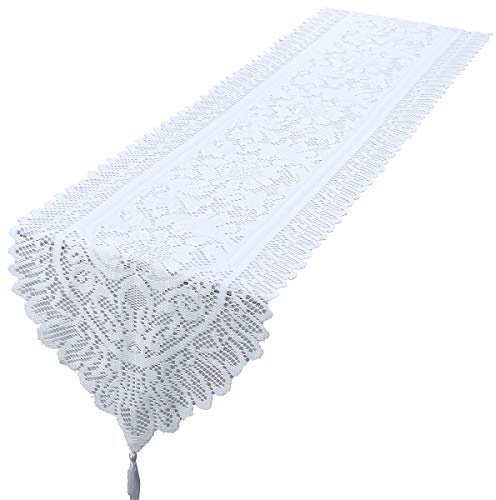 mookaitedecor Weiß Spitze Tischläufer Modern Spitzenstoff Deko Waschbar Tischwäsche für Wohnzimmertisch Hochzeit Party Weihnachten, 33 x 180 cm